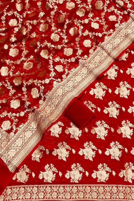 Red Banarasi Georgette Three Piece Unstitched Suit Set
