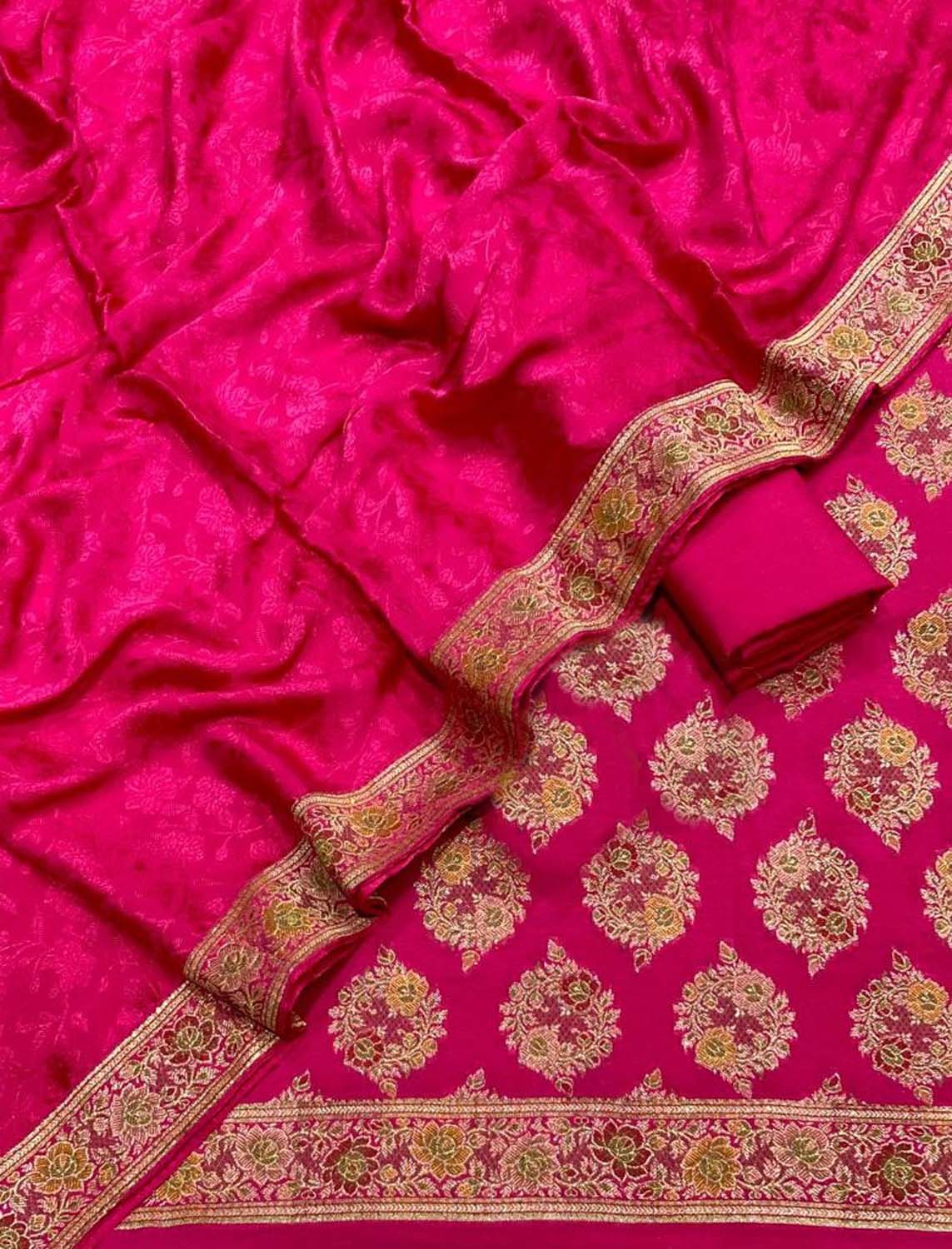 Pink Banarasi Chiniya Silk Unstitched Three Piece Suit Set - Luxurion World