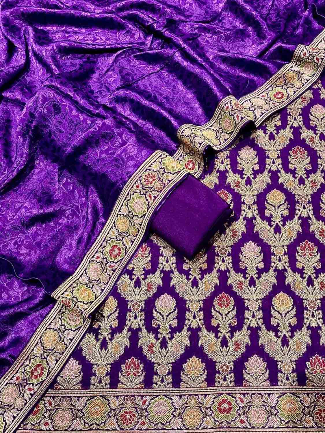 Purple Banarasi Chiniya Silk Unstitched Three Piece Suit Set - Luxurion World