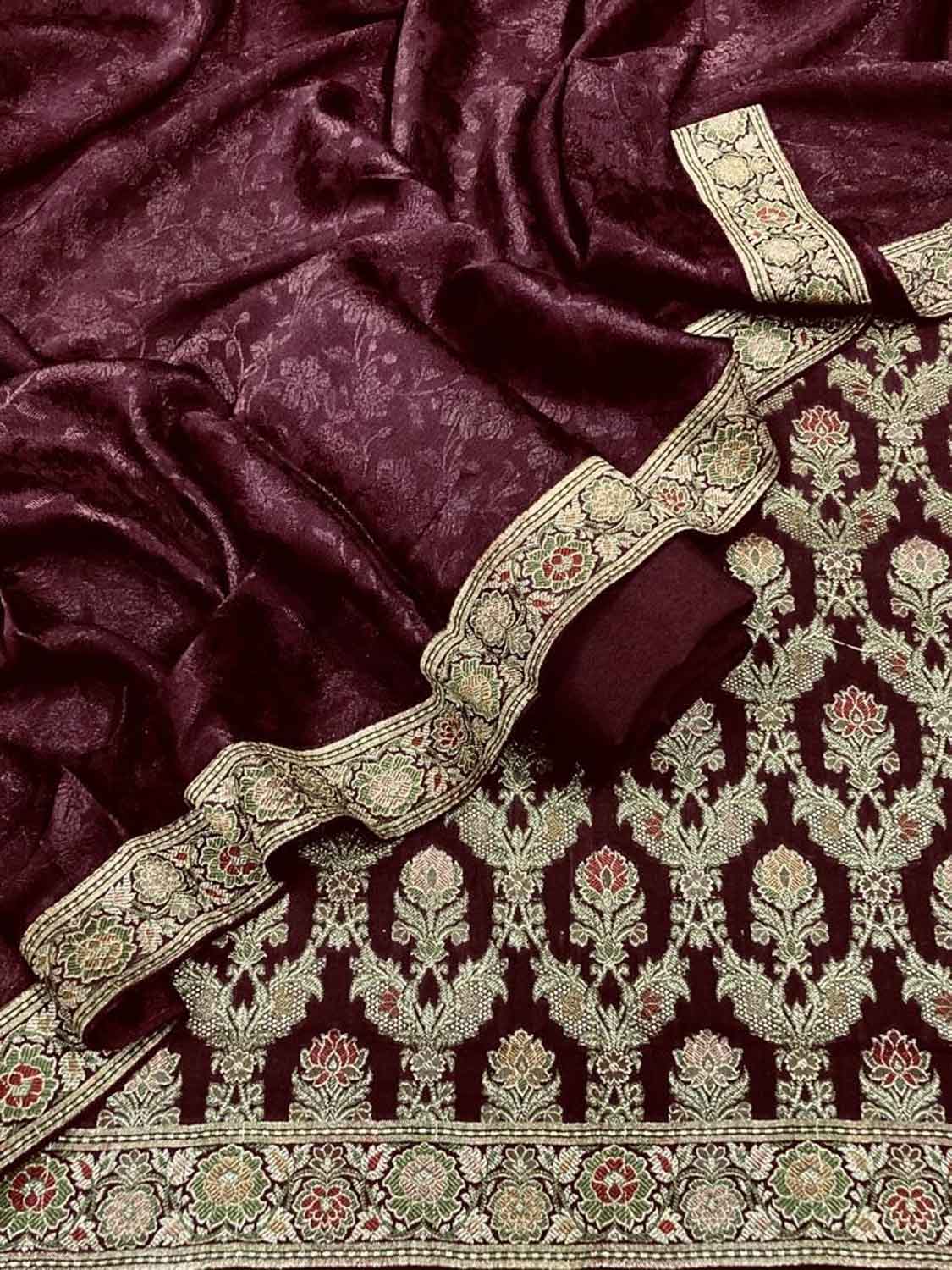 Brown Banarasi Chiniya Silk Unstitched Three Piece Suit Set - Luxurion World