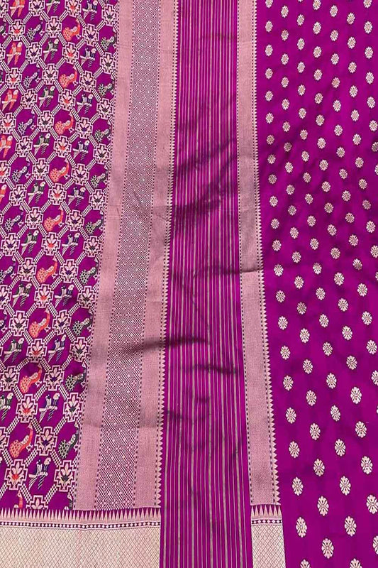Pure Katan Silk Banarasi Handloom Suit Set in Pink - Unstitched - Luxurion World