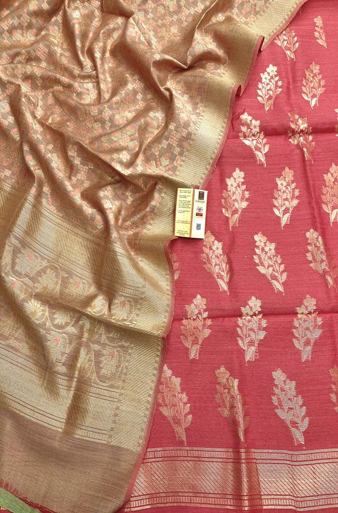Pink Banarasi Moonga Silk Three Piece Unstitched Suit Set - Luxurion World
