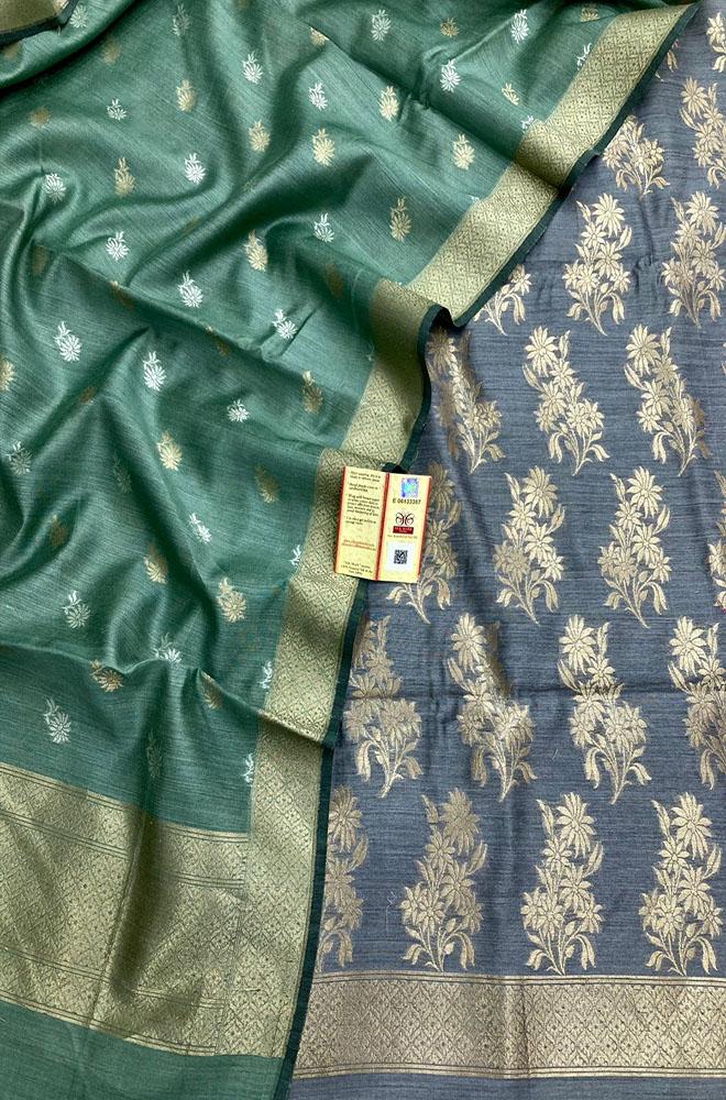 Grey And Green Banarasi Moonga Silk Three Piece Unstitched Suit Set - Luxurion World