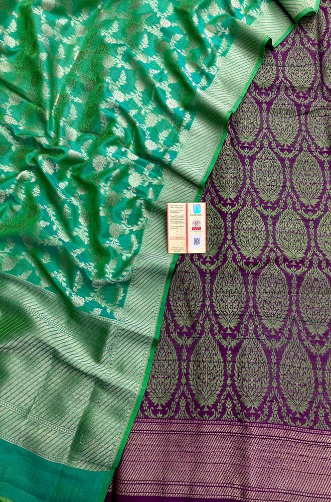 Green And Purple Banarasi Moonga Silk Three Piece Unstitched Suit Set - Luxurion World
