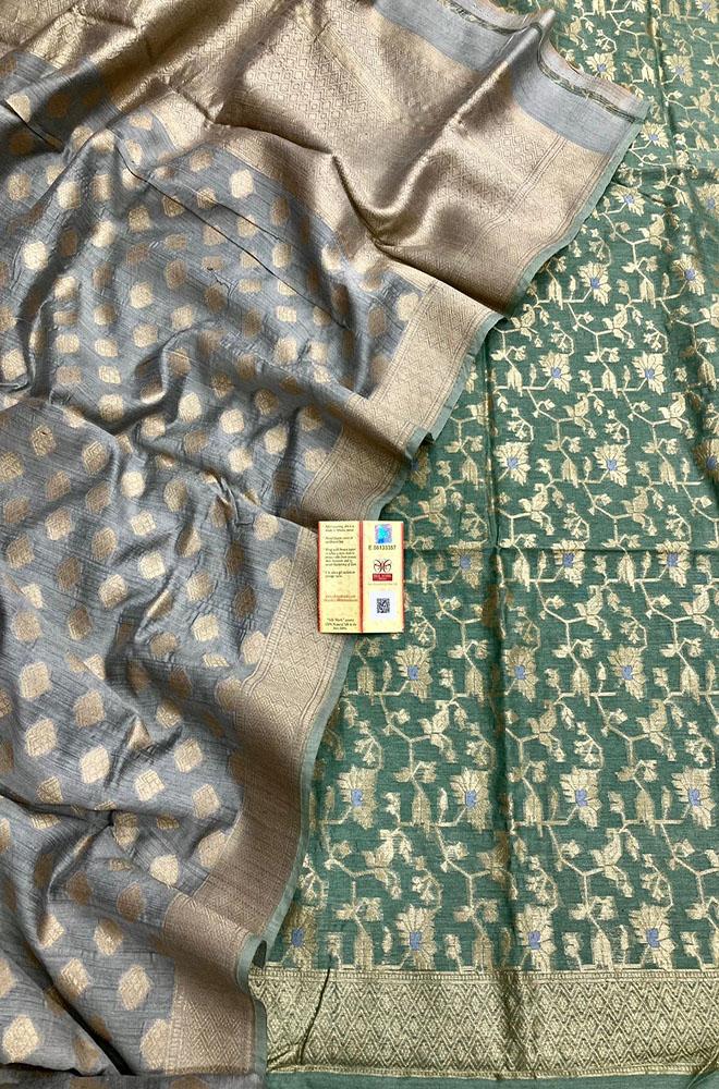 Grey And Green Banarasi Moonga Silk Three Piece Unstitched Suit Set - Luxurion World
