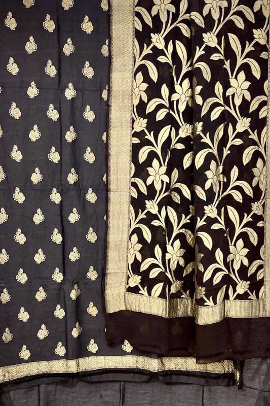 Black Banarasi Handloom Pure Moonga Silk Unstitched Suit Set