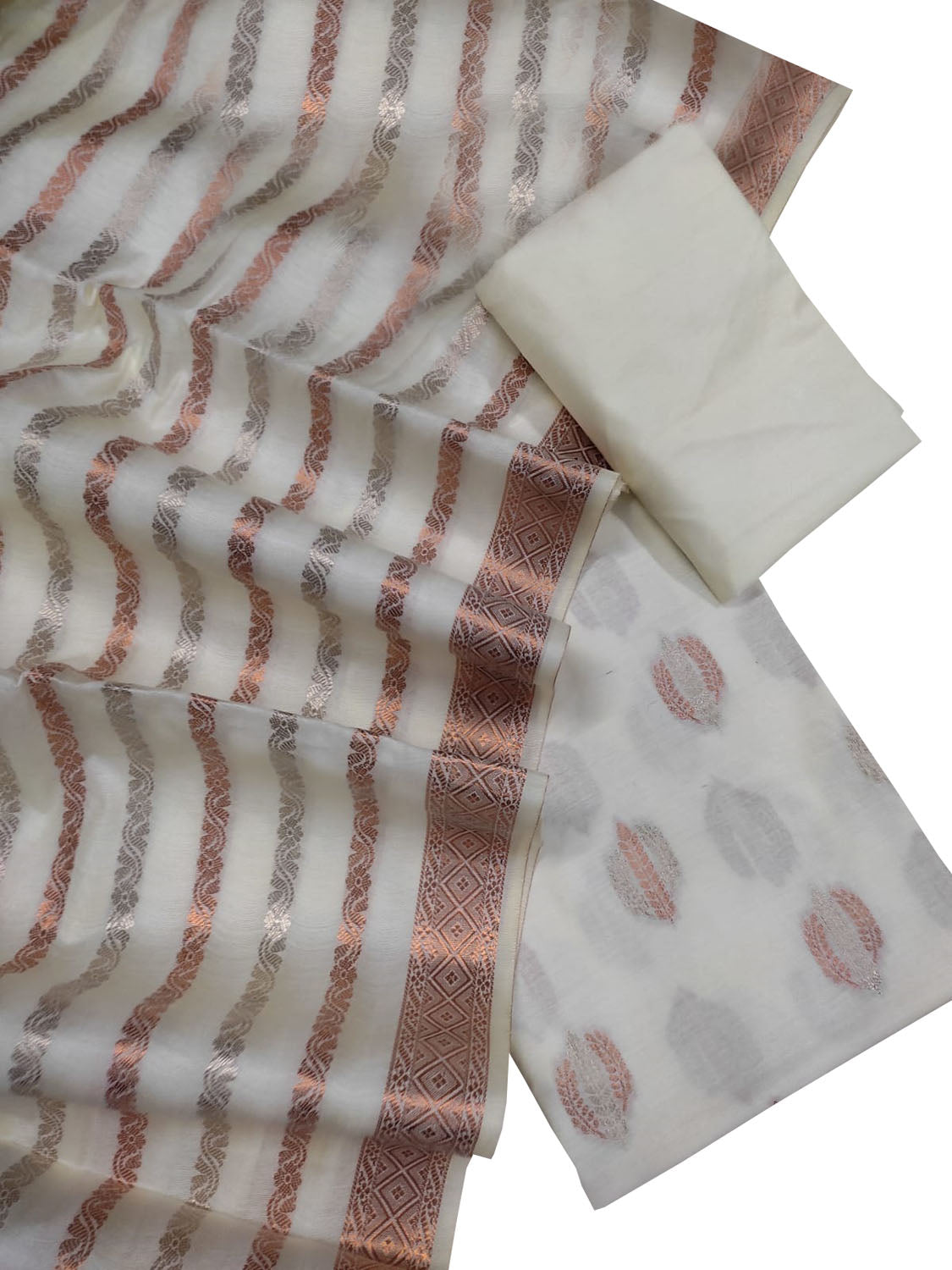 Off White Banarasi Cotton Silk Three Piece Unstitched Suit Set - Luxurion World