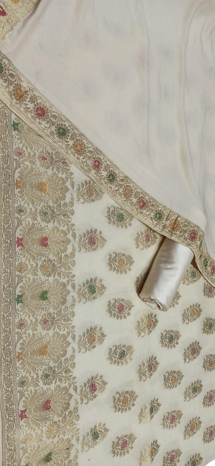 Pastel Banarasi Cotton Meenakari Three Piece Unstitched Suit Set With Georgette Silk Dupatta - Luxurion World