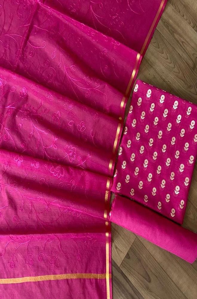 Pink Handloom Banarasi Cotton Silk Three Piece Unstitched Suit Set With Embroidered Dupatta - Luxurion World