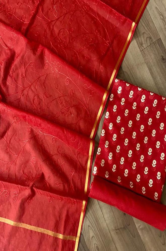 Red Handloom Banarasi Cotton Silk Three Piece Unstitched Suit Set With Embroidered Dupatta - Luxurion World