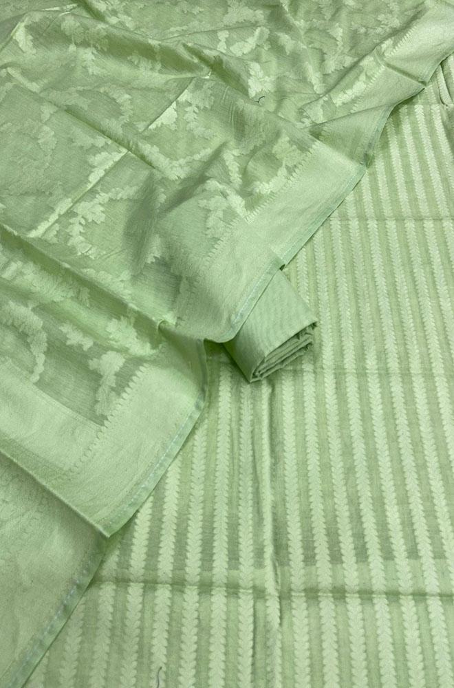 Green Banarasi Cotton Three Piece Unstitched Suit Set - Luxurion World