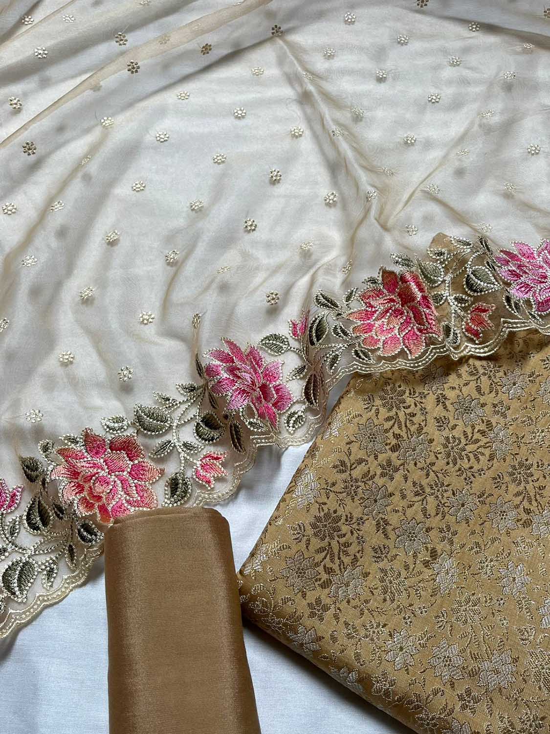 Cream Banarasi Katan Silk Three Piece Unstitched Suit Set With Embroidered Organza Dupatta - Luxurion World