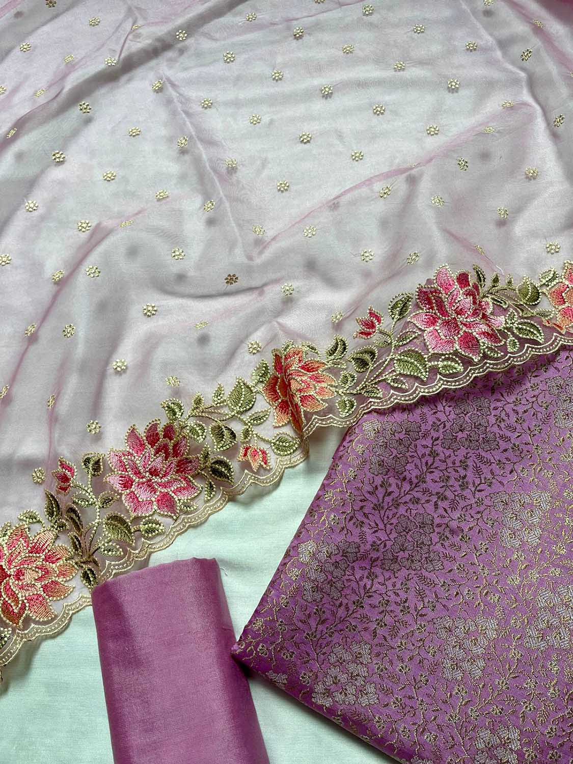 Purple Banarasi Katan Silk Three Piece Unstitched Suit Set With Embroidered Organza Dupatta - Luxurion World