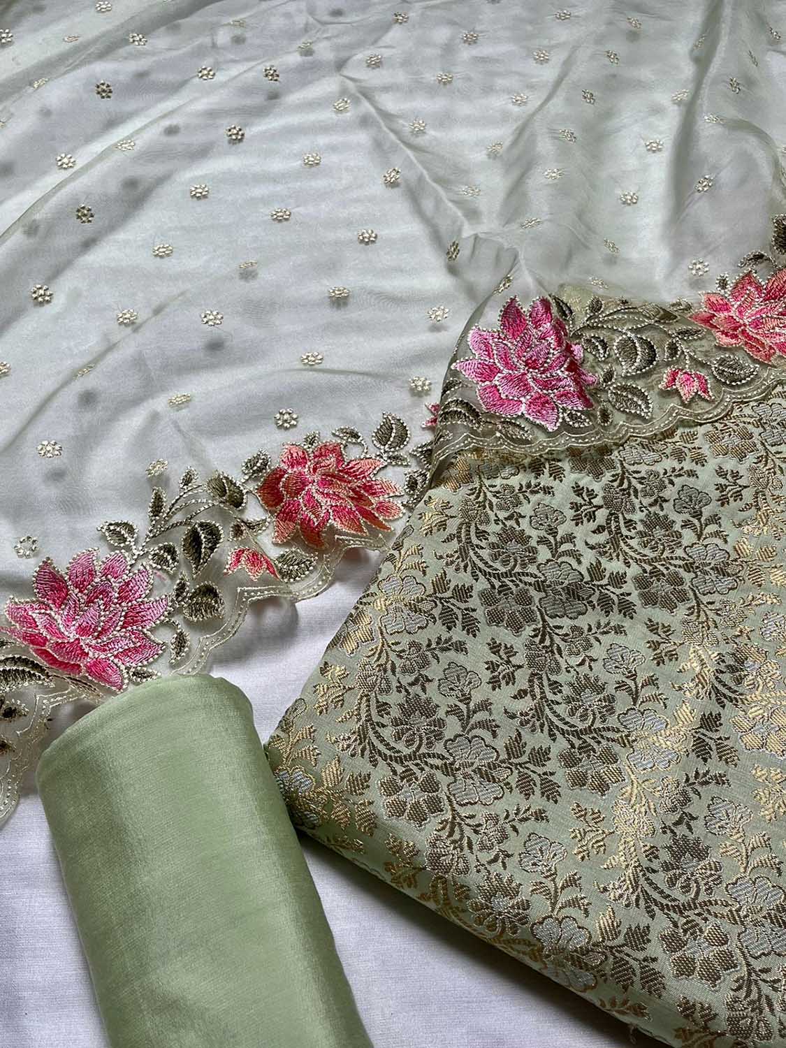 Green Banarasi Katan Silk Three Piece Unstitched Suit Set With Embroidered Organza Dupatta - Luxurion World