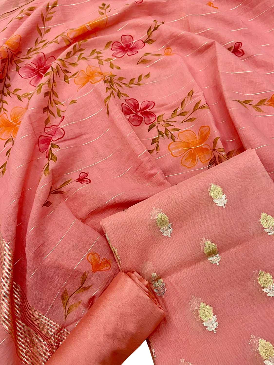 Shop Now: Pink Banarasi Chanderi Silk Suit Set - Unstitched - Luxurion World