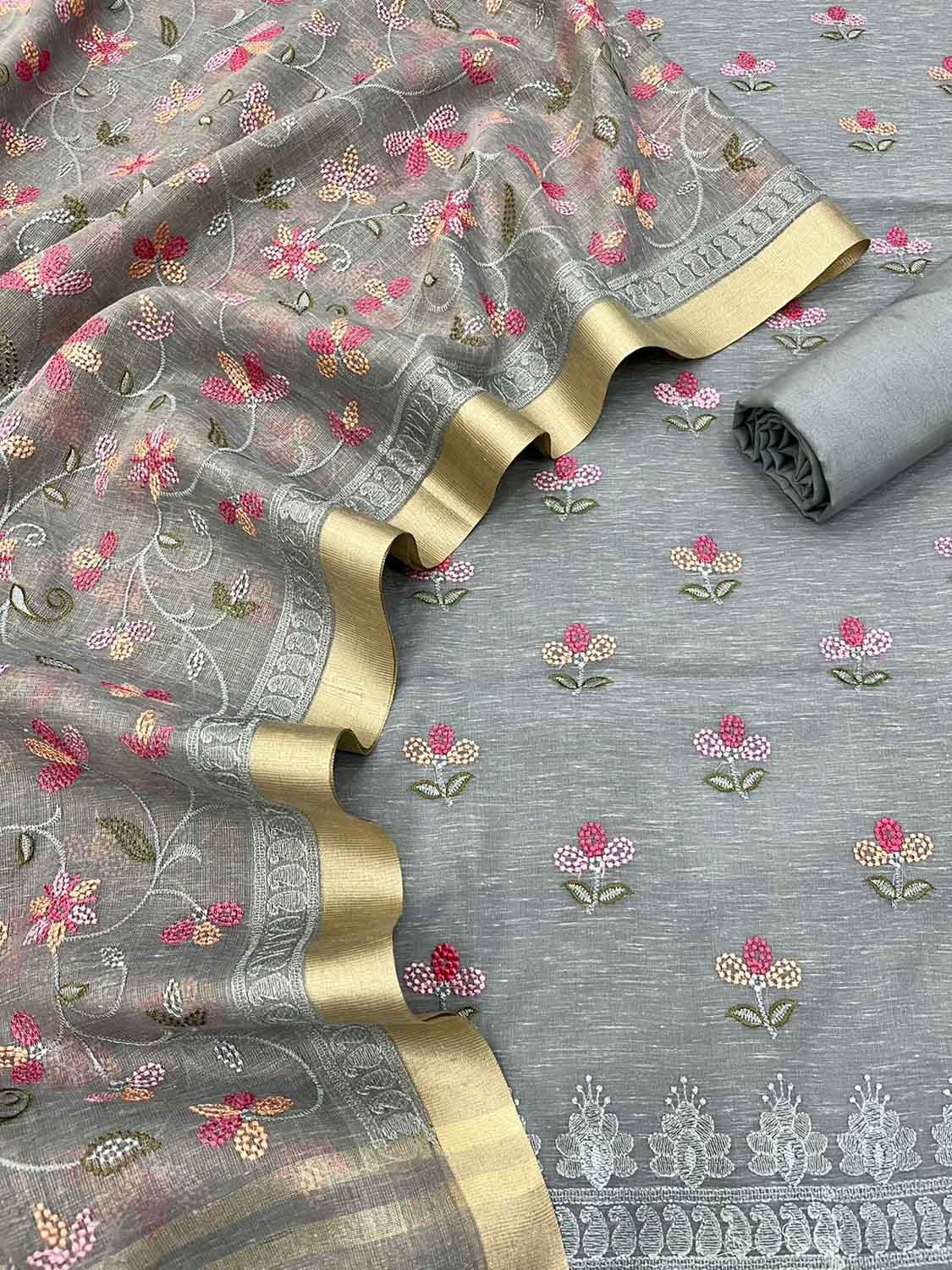 Graceful Grey Banarasi Linen Cotton Suit Set - Unstitched - Luxurion World