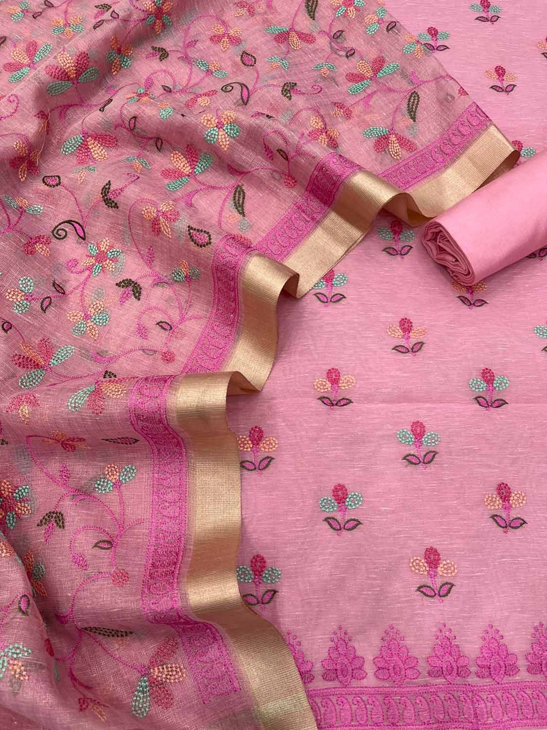 Stylish Pink Banarasi Linen Cotton Suit Set - Unstitched - Luxurion World