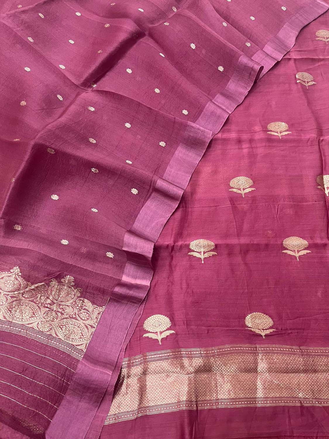 Pink Handloom Banarasi Pure Chiniya Silk Suit With Organza Dupatta - Luxurion World