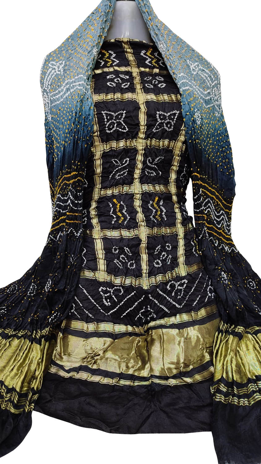 Black And Grey Bandhani Pure Gajji Silk Two Piece Unstitched Suit Set - Luxurion World