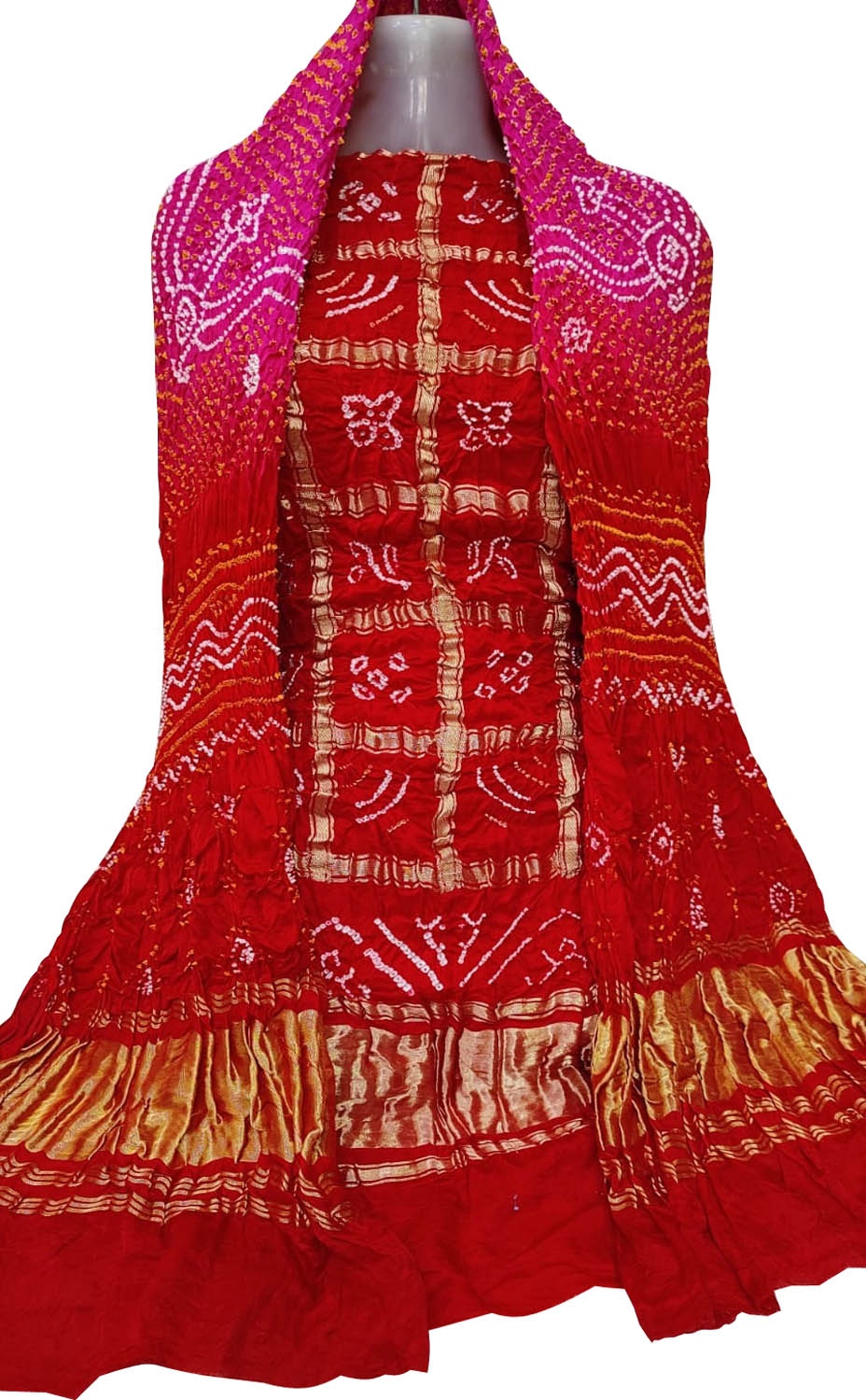 Red And Pink Bandhani Pure Gajji Silk Two Piece Unstitched Suit Set - Luxurion World