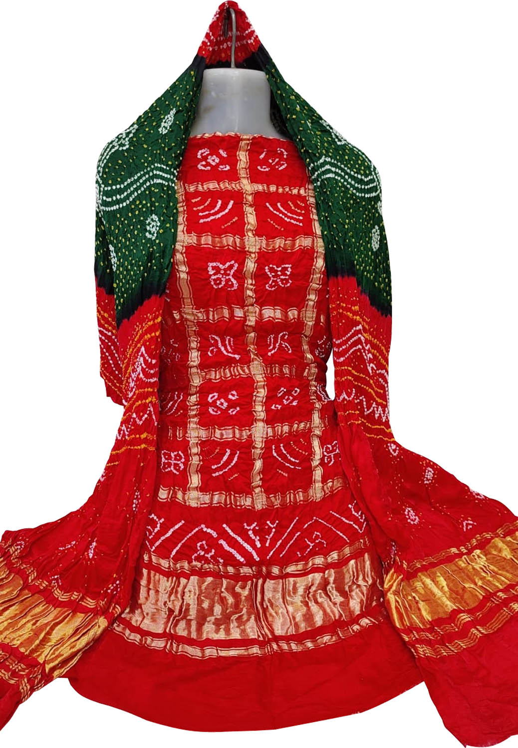 Red And Green Bandhani Pure Gajji Silk Two Piece Unstitched Suit Set - Luxurion World