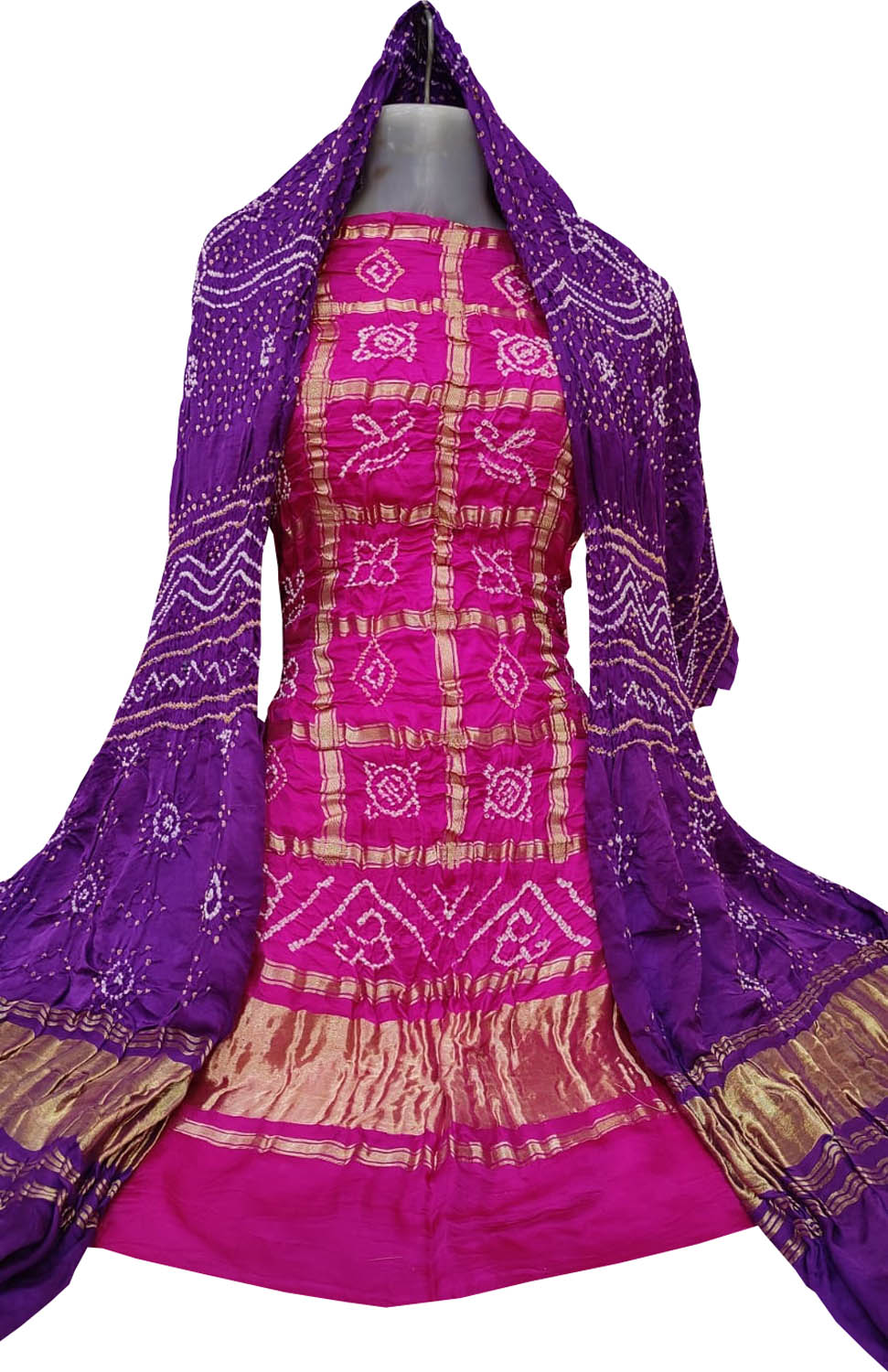 Pink And Purple Bandhani Pure Gajji Silk Two Piece Unstitched Suit Set - Luxurion World