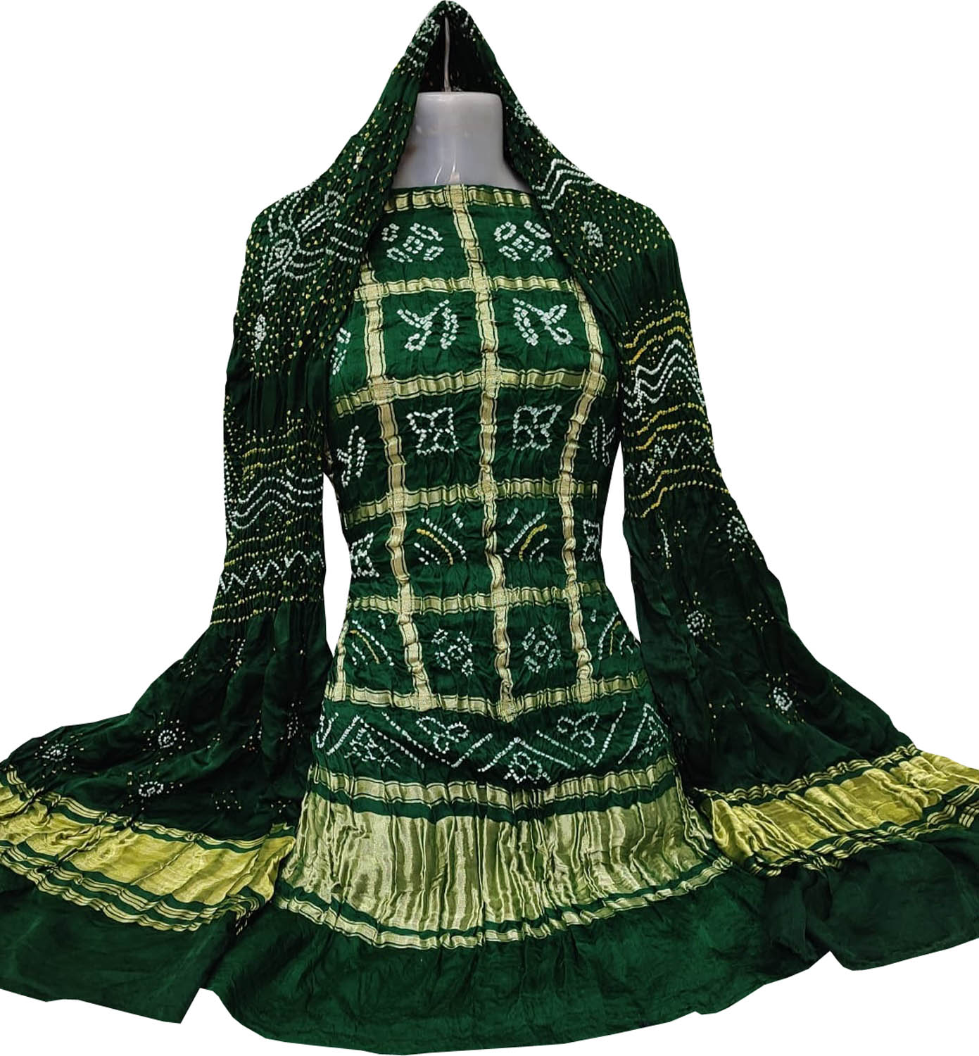 Green Bandhani Pure Gajji Silk Two Piece Unstitched Suit Set - Luxurion World