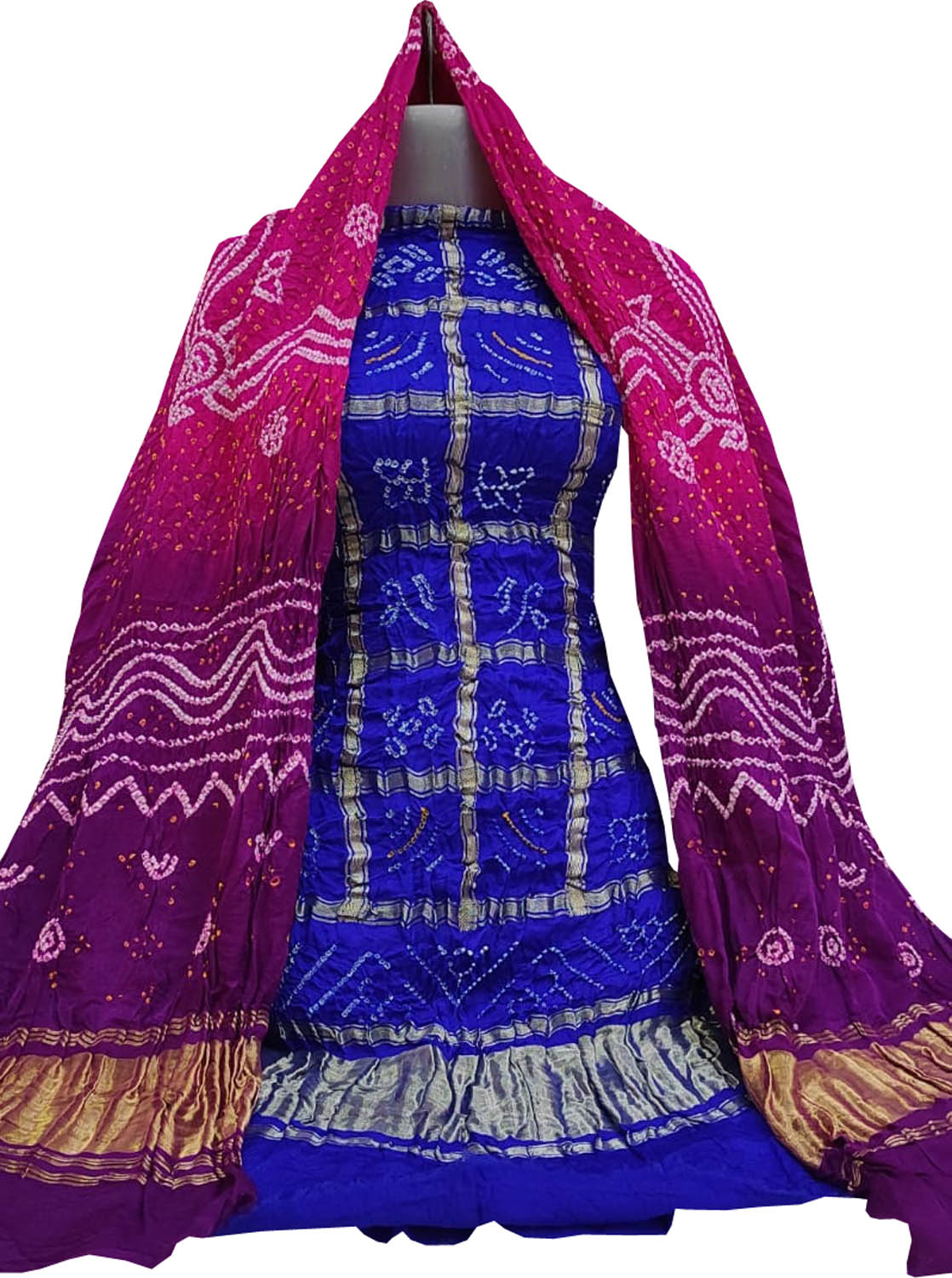 Multicolor Bandhani Pure Gajji Silk Two Piece Unstitched Suit Set - Luxurion World