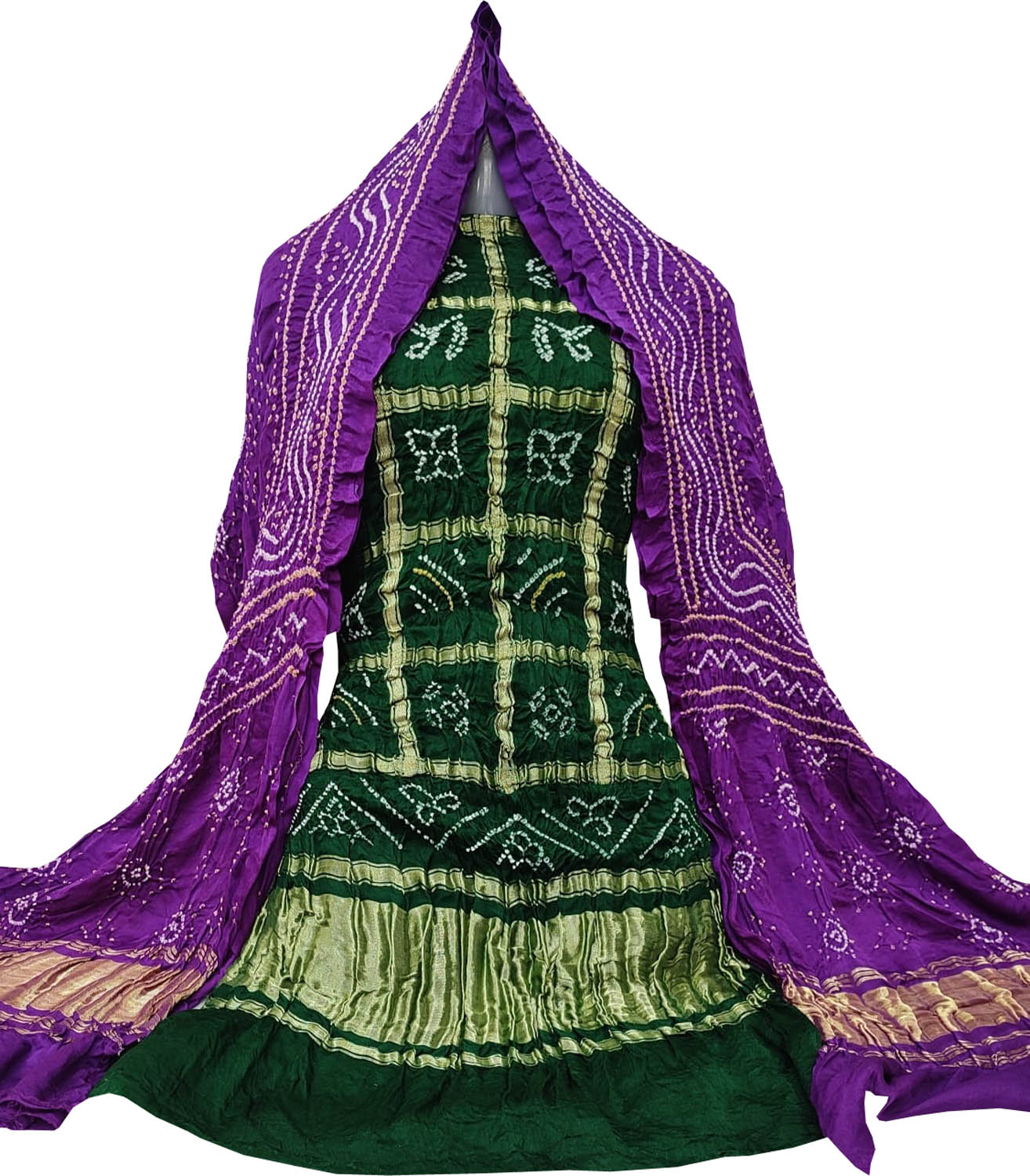 Green And Purple Bandhani Pure Gajji Silk Two Piece Unstitched Suit Set - Luxurion World