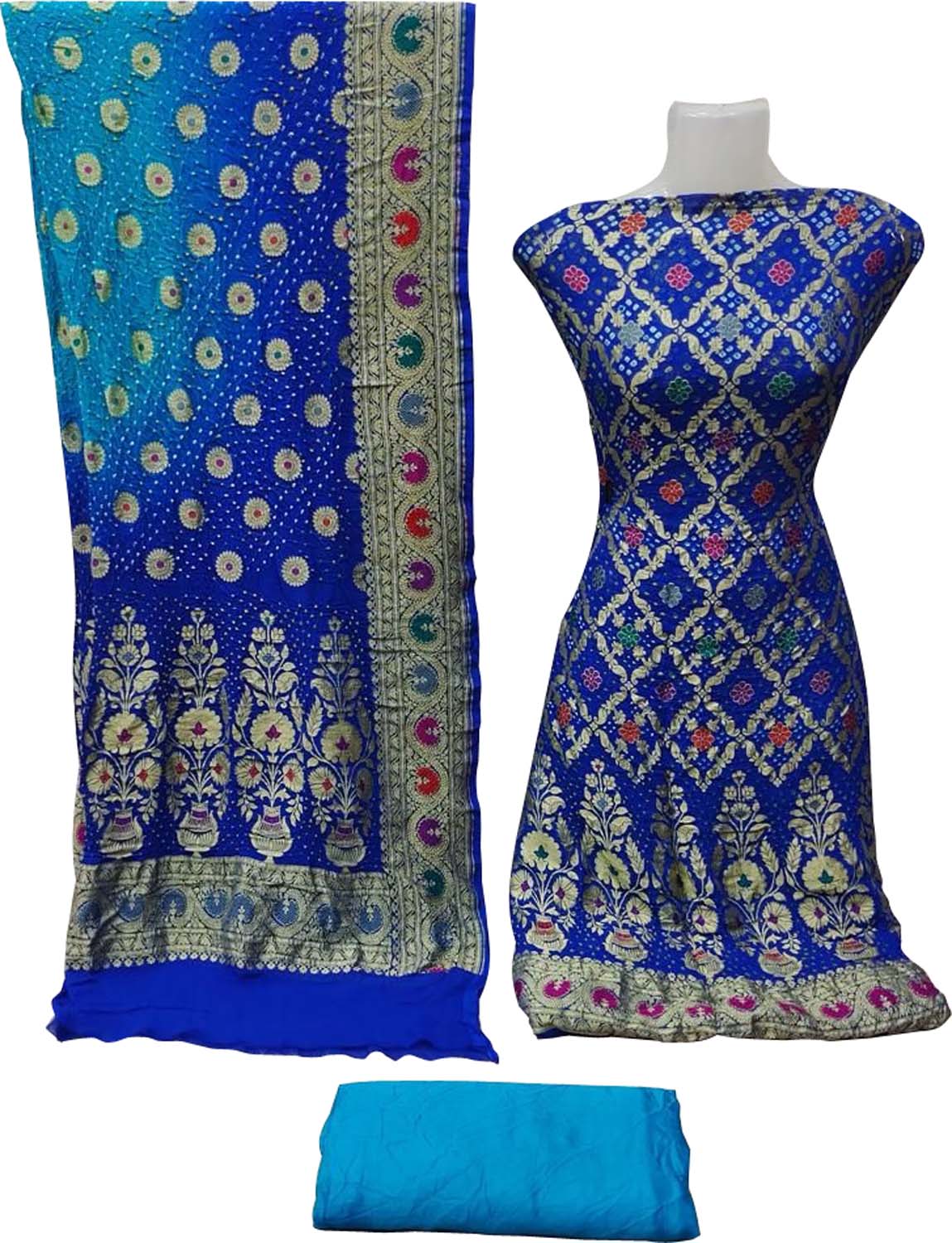 Blue Banarasi Bandhani Handloom Pure Georgette Three Piece Unstitched Suit Set - Luxurion World