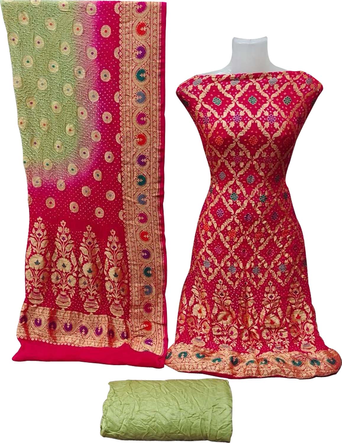 Pink And Green Banarasi Bandhani Handloom Pure Georgette Three Piece Unstitched Suit Set - Luxurion World