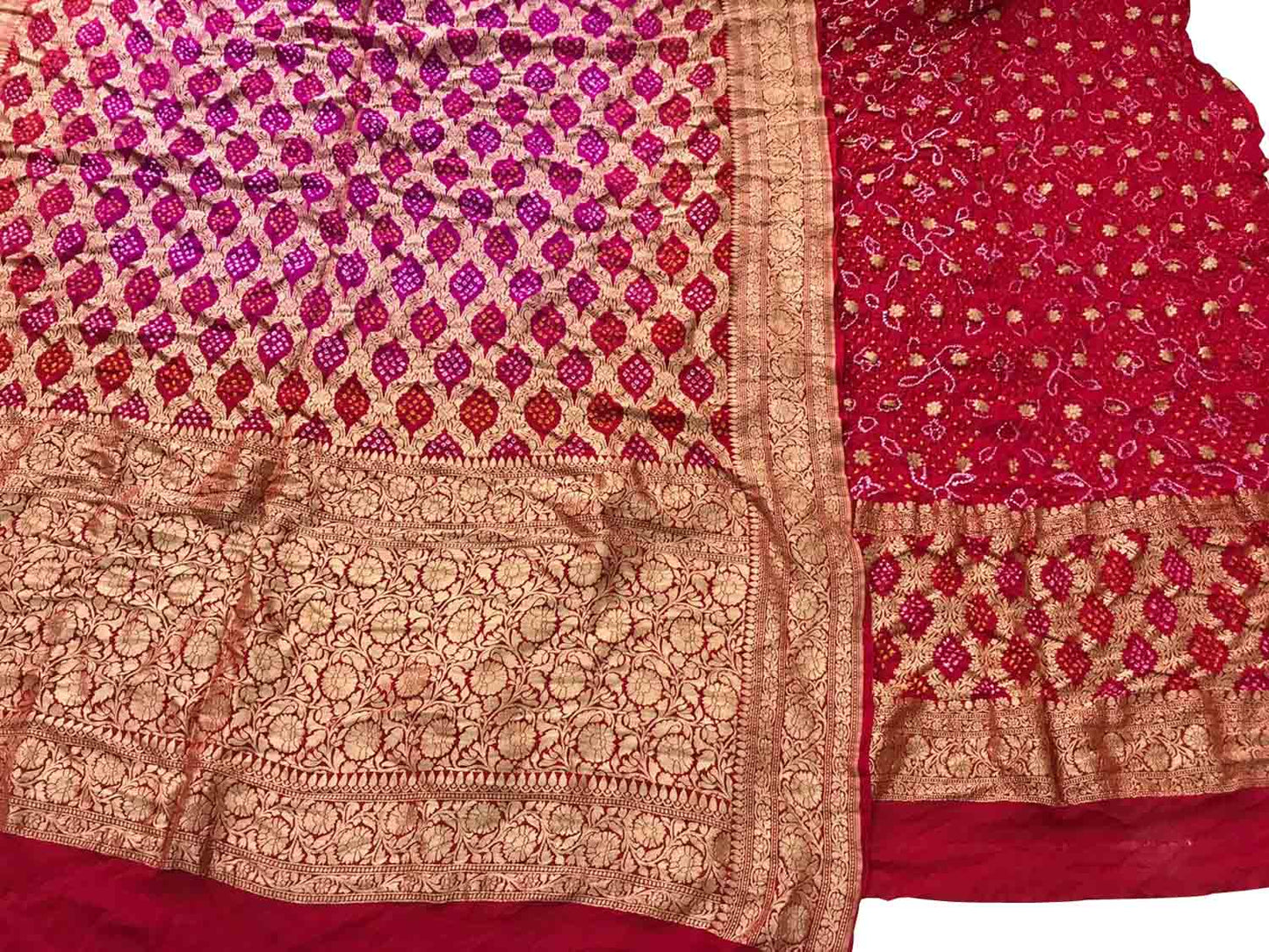 Pink And Red Banarasi Bandhani Pure Georgette Three Piece Unstitched Suit Set - Luxurion World