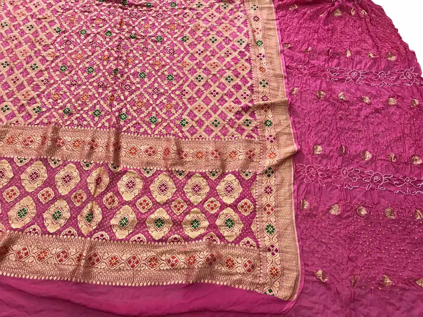 Pink Banarasi Bandhani Pure Georgette Three Piece Unstitched Suit Set - Luxurion World