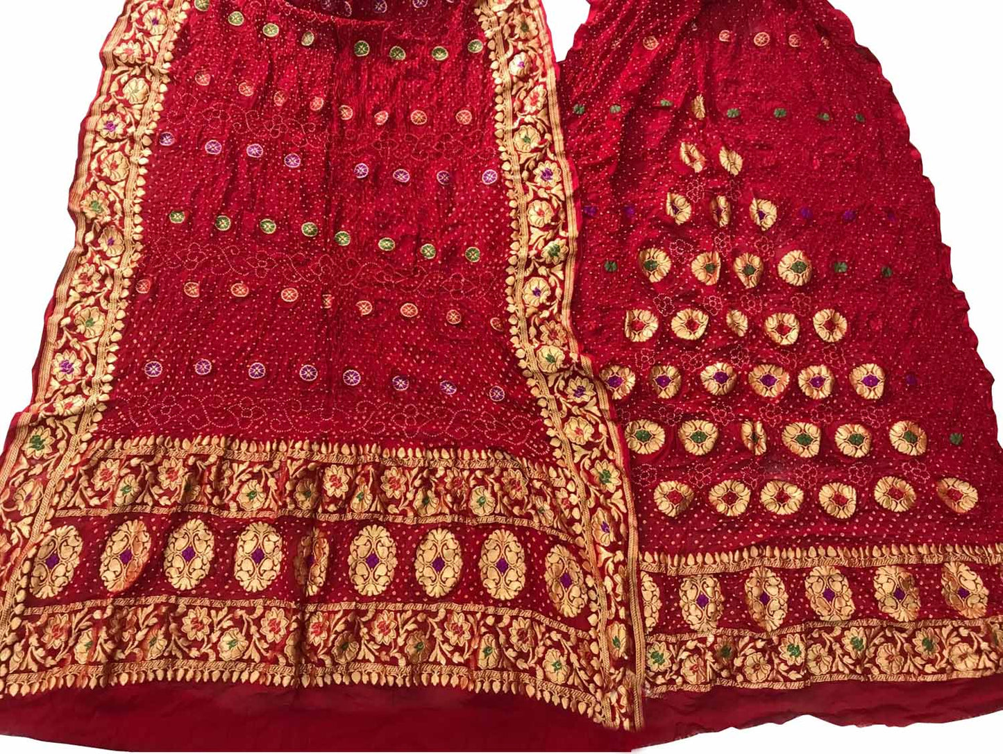 Red Banarasi Bandhani Pure Georgette Three Piece Unstitched Suit Set - Luxurion World