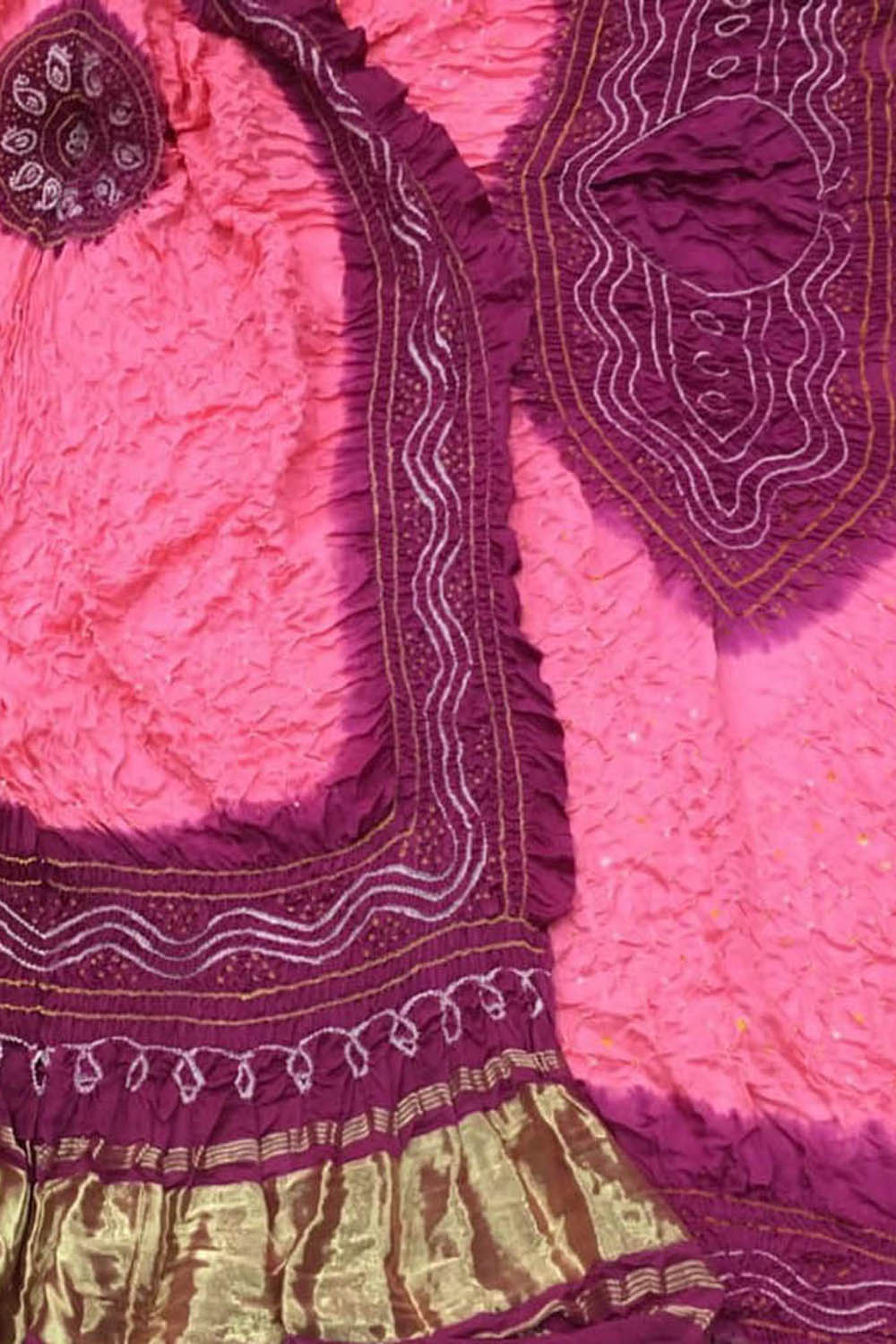 gaji silk bandhani dress material Ghazi Silk Heavy Barik Bandhej work Silk Bandhani Dress Material (Unstitched) Pink-Black