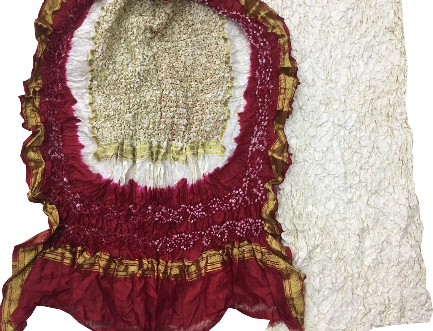 Off White And Maroon Bandhani Pure Silk Unstitched Suit Set - Luxurion World