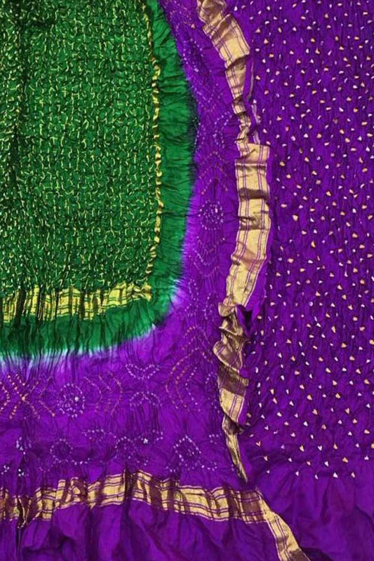 Exquisite Purple & Green Bandhani Silk Suit: Unstitched Elegance - Luxurion World