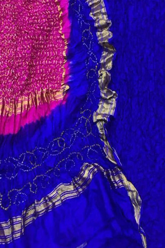 Stunning Blue and Pink Bandhani Silk Suit: Unstitched Elegance - Luxurion World