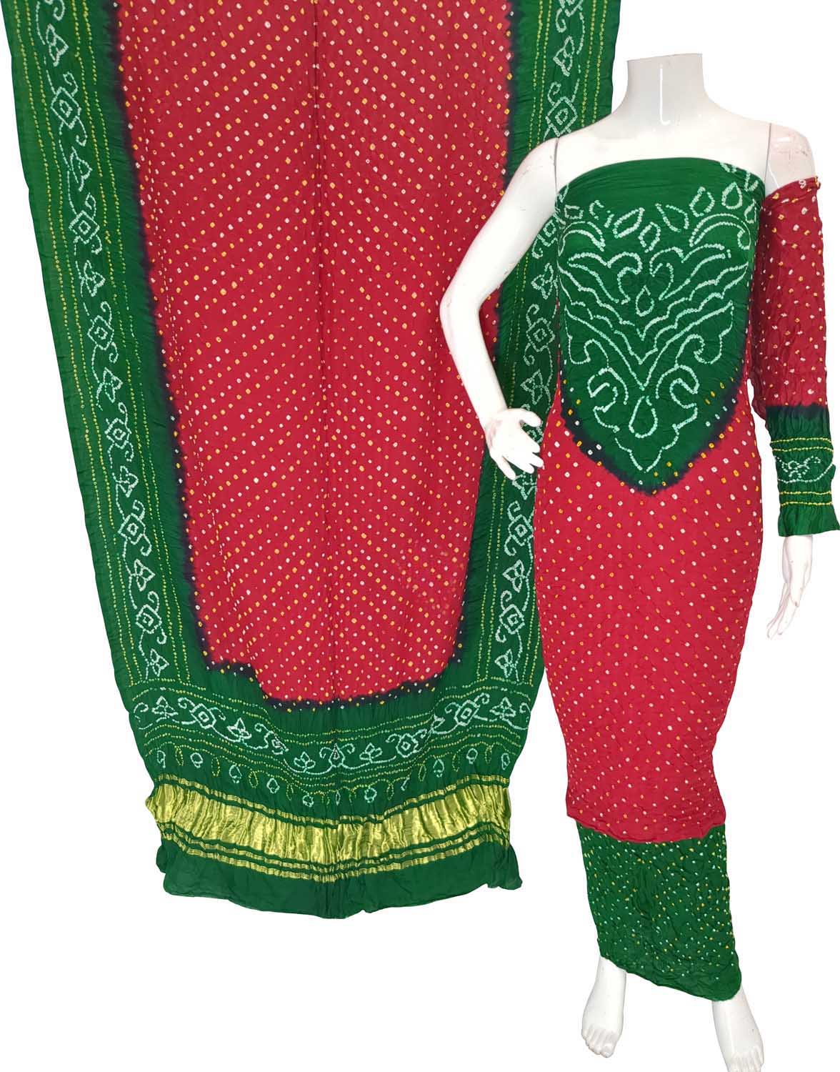 Red And Green Bandhani Pure Gajji Silk Unstitched Suit - Luxurion World