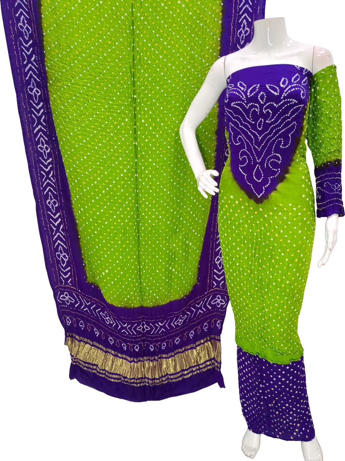 Green And Purple Bandhani Pure Gajji Silk Unstitched Suit - Luxurion World