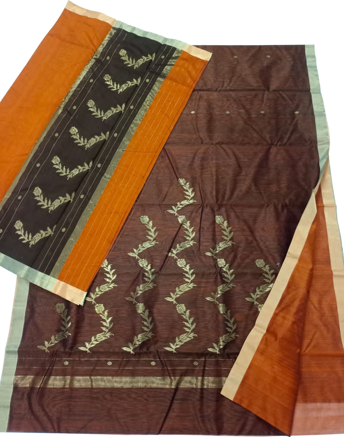Brown And Orange Chanderi Handloom Silk Cotton 3 Piece Suit Set - Luxurion World