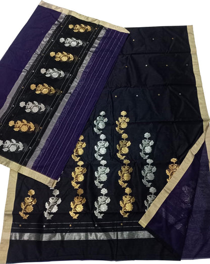 Black And Blue Chanderi Handloom Silk Cotton 3 Piece Suit Set - Luxurion World