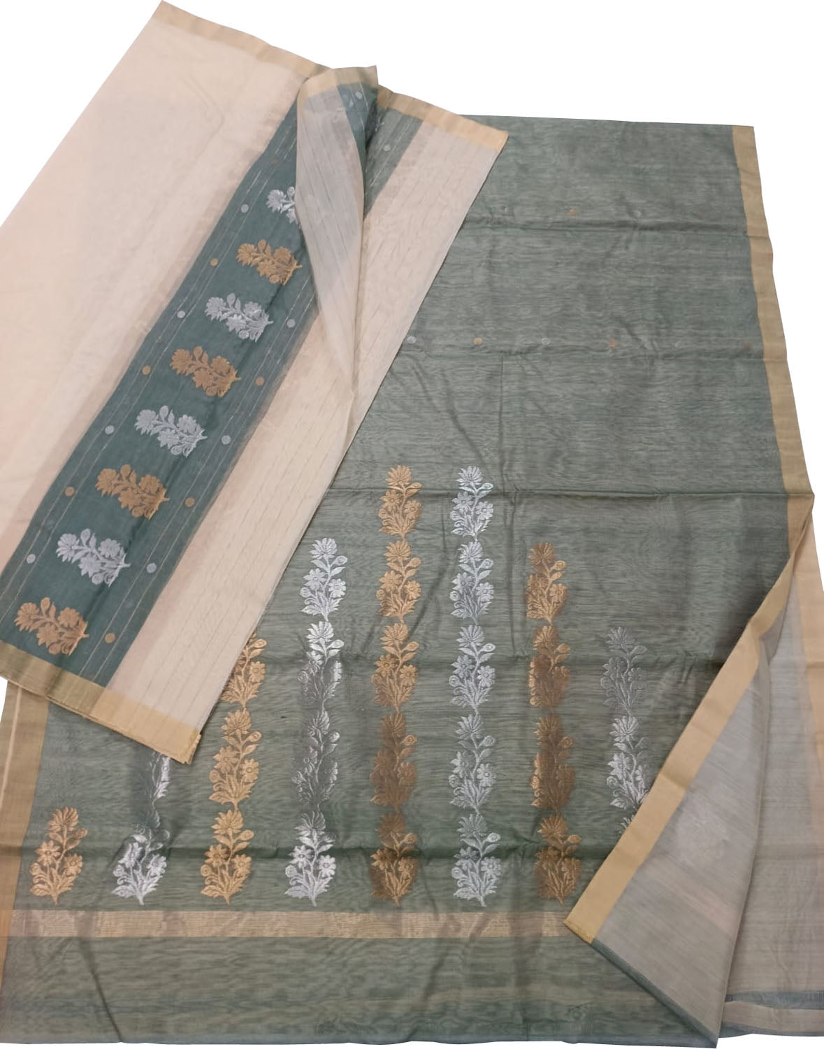 Grey Chanderi Handloom Silk Cotton 3 Piece Suit Set - Luxurion World