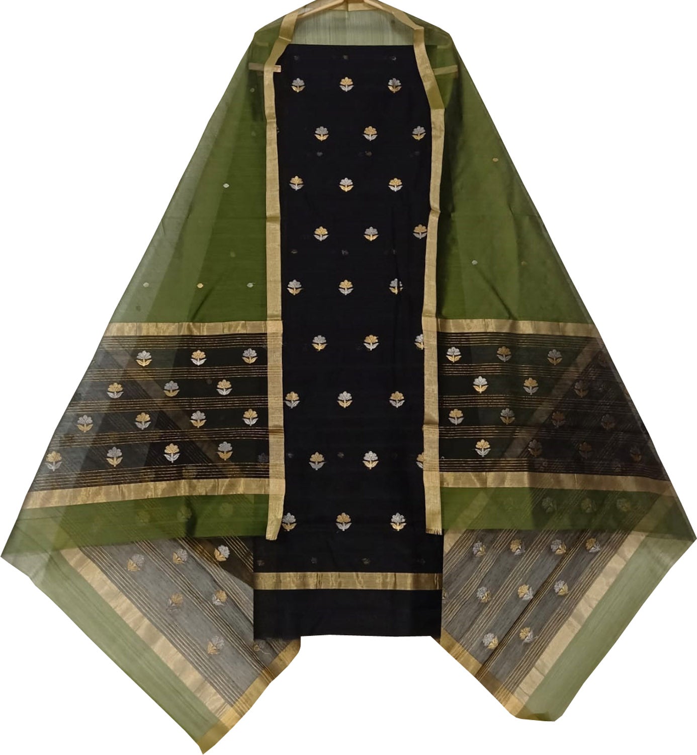 Stylish Black & Green Chanderi Handloom Cotton Silk Suit Set - Luxurion World