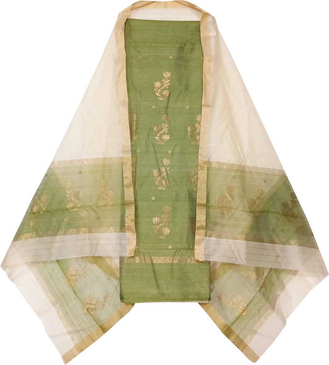 Green And Off White Chanderi Handloom Cotton Silk Three Piece Unstitched Suit Set - Luxurion World