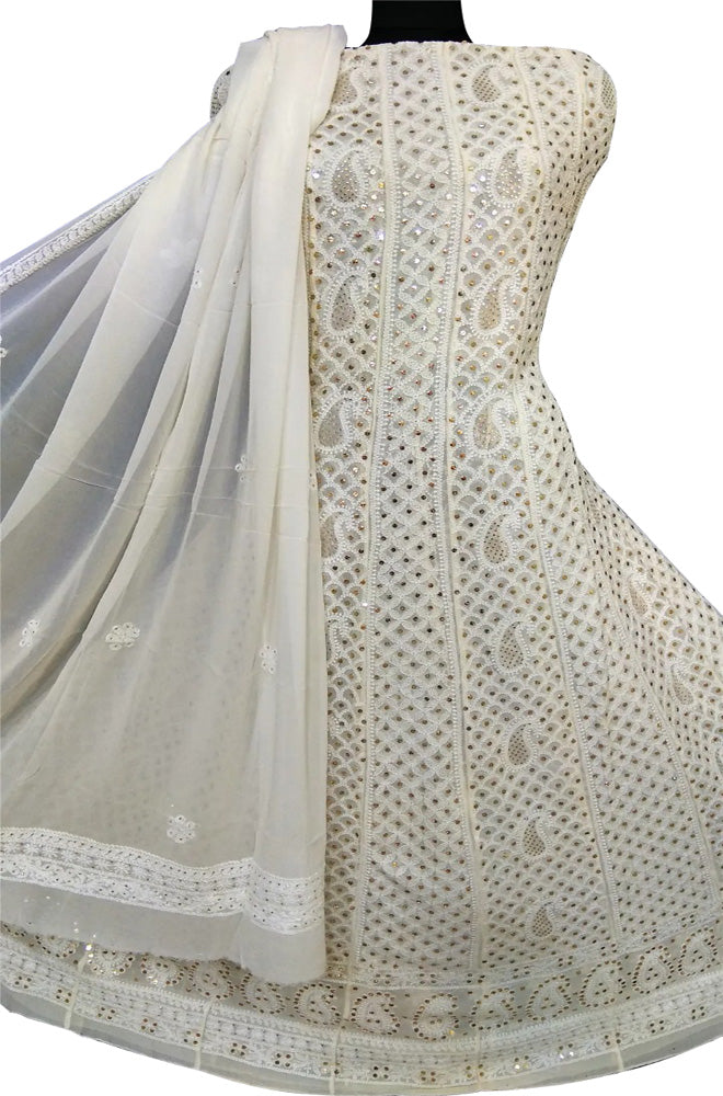 Dyeable Hand Embroidred Chikankari Pure Georgette Anarkali Unstitched Suit Set With Mukaish Work - Luxurion World