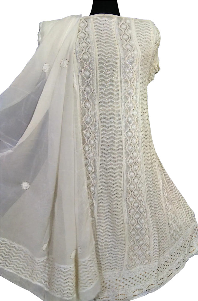 Dyeable Hand Embroidred Chikankari Pure Georgette Anarkali Unstitched Suit Set With Mukaish Work - Luxurion World