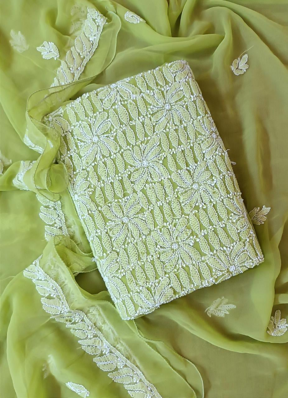 Stunning Green Chikankari Georgette Suit Set - Hand Embroidered & Unstitched - Luxurion World