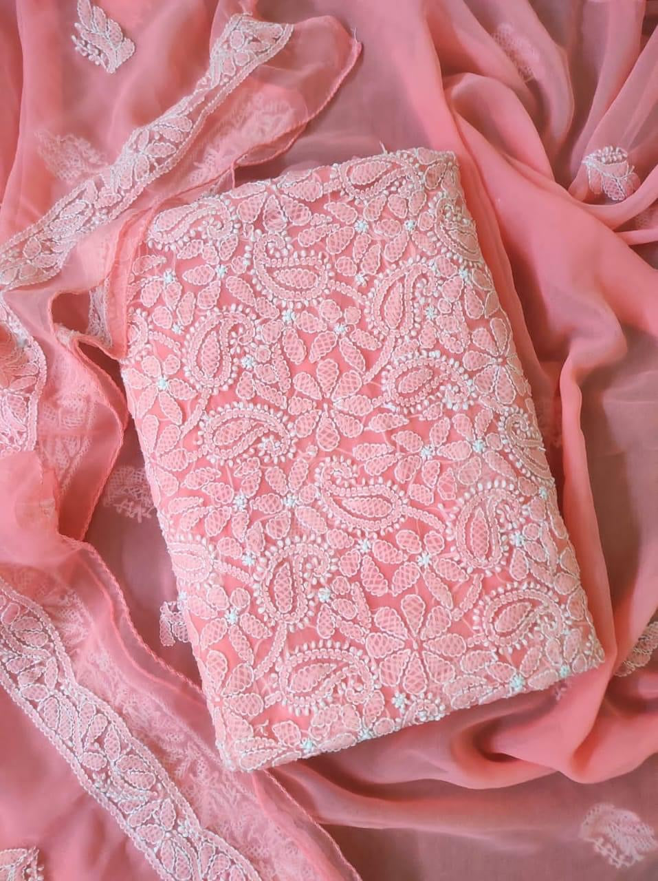 Stunning Pink Chikankari Georgette Suit Set with Hand Embroidery - Luxurion World