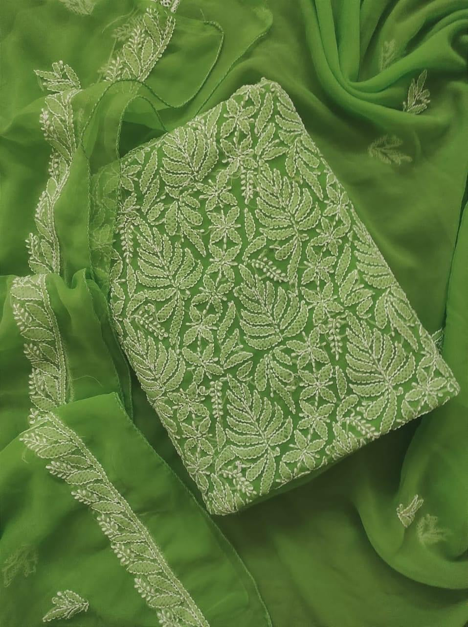 Stunning Green Chikankari Georgette Suit Set - Hand Embroidered, Three Luxurion World- Crafted Heirlooms Stunning Green Chikankari Georgette Suit Set - Hand Embroidered, Three Luxurion World- Crafted Heirlooms